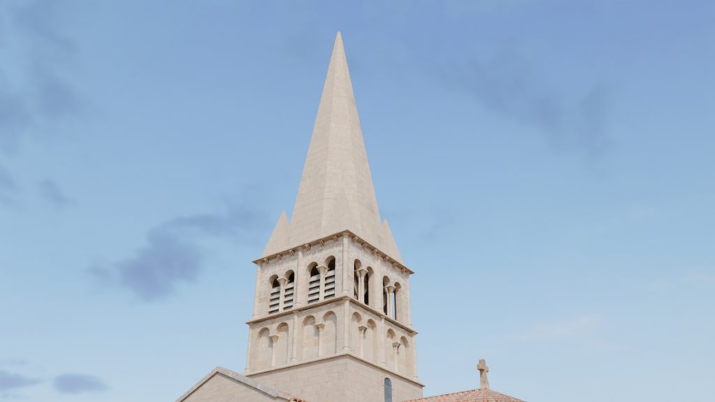 Eglise de Châtel-Montagne au 13e siècle. Flèche du clocher. Restitution historique.